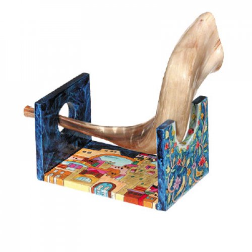 Yair Emanuel Hand Painted Wood Rams Shofar Stand, Small - Jerusalem Views