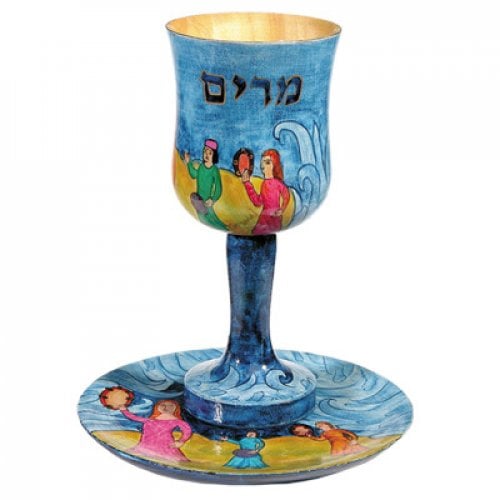 Yair Emanuel Hand Painted Wood Stem Cup, Prophetess Miriam at Red Sea - Colorful