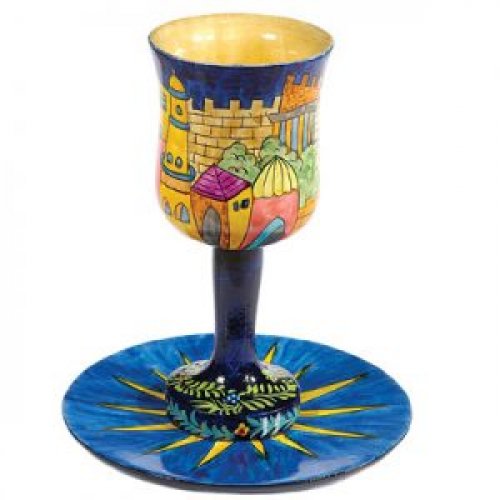 Yair Emanuel Hand Painted Wood Stem Kiddush Cup and Plate - Jerusalem Views