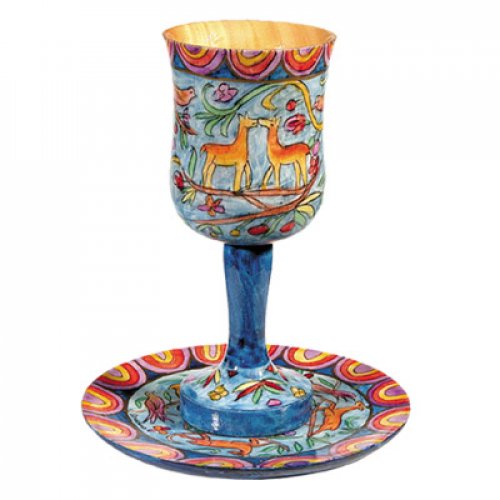 Yair Emanuel Hand Painted Wood Stem Kiddush Cup and Plate - Oriental Forest