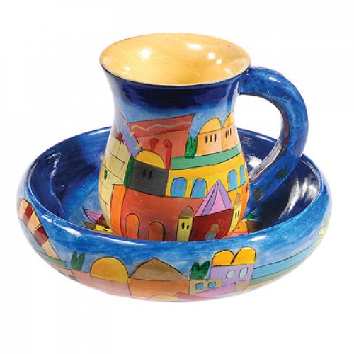 Yair Emanuel Hand Painted Wood Two-Piece Mayim Achronim Set - Jerusalem