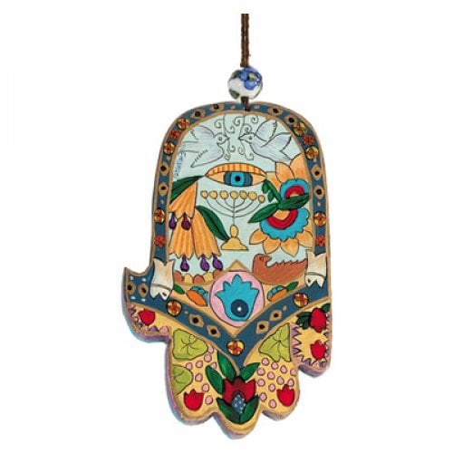 Yair Emanuel Hand Painted Wood Wall Hamsa - Colorful Motifs