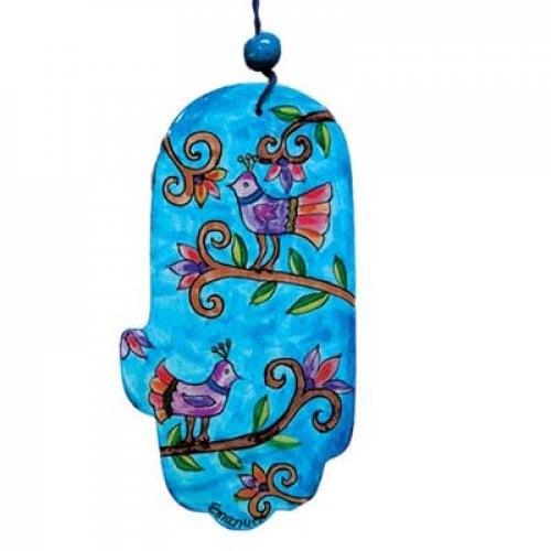 Yair Emanuel Hand Painted Wood Wall Hamsa, Blue - Birds