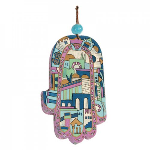 Yair Emanuel Hand Painted Wood Wall Hamsa, Blue - Jerusalem