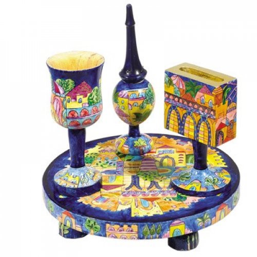 Yair Emanuel Hand-Painted 4-Piece Wood Havdalah Set - Golden Jerusalem