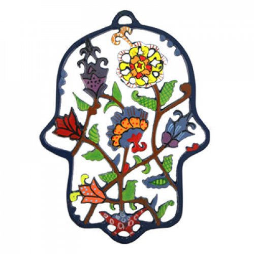 Yair Emanuel Hand-Painted Colorful Laser Cut Wall Hamsa - Flowers