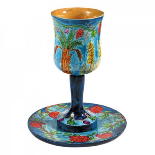 Yair Emanuel Hand-Painted Wood Stem Kiddush Cup and Saucer - Seven Species