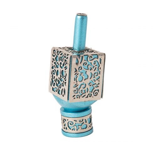 Yair Emanuel Hanukah Dreidel and Stand, Cutout Pomegranates - Silver on Turquoise