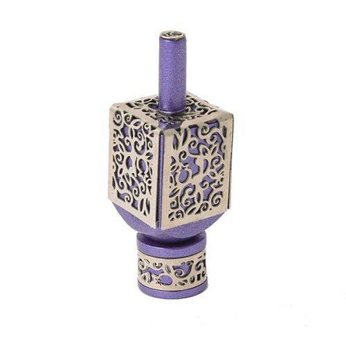 Yair Emanuel Hanukkah Dreidel and Stand, Cutout Pomegranates - Silver on Purple