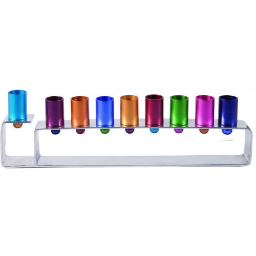 Yair Emanuel Hanukkah Menorah, Silver Frame with Cylindrical Cups - Multicolored