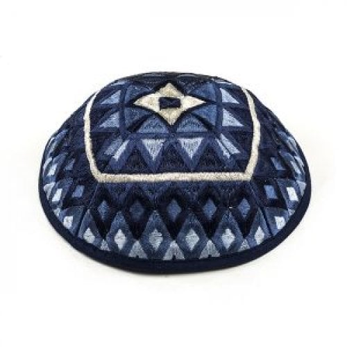 Yair Emanuel Kippah  Embroidered Blue Geometric Design