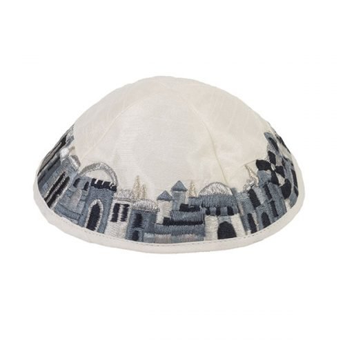 Yair Emanuel Kippah, Embroidered Black and Gray Jerusalem Images - White