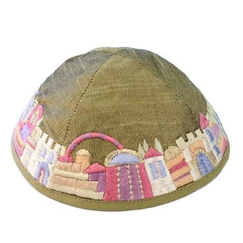 Yair Emanuel Kippah, Embroidered Colorful Jerusalem Images - Gold