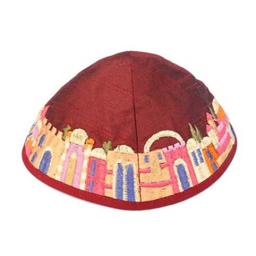 Yair Emanuel Kippah, Embroidered Colorful Jerusalem Images - Maroon