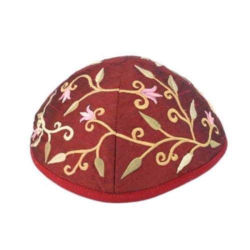 Yair Emanuel Kippah, Embroidered Flowers and Leaves - Maroon