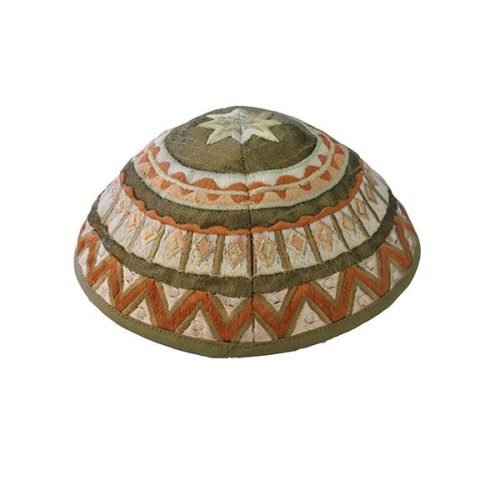 Yair Emanuel Kippah, Embroidered Geometric Designs - Brown and Green