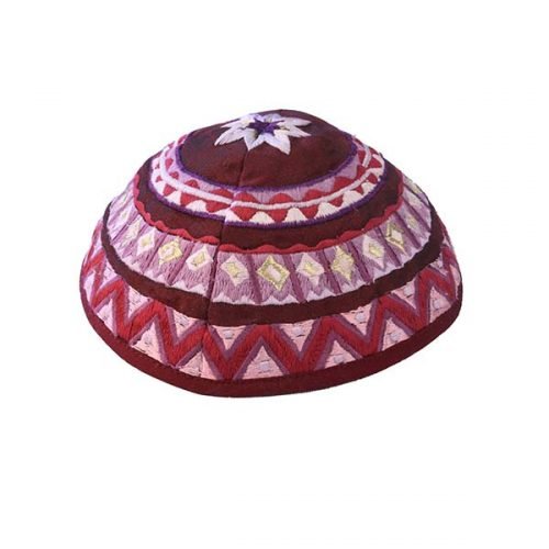 Yair Emanuel Kippah, Embroidered Geometric Designs - Maroon