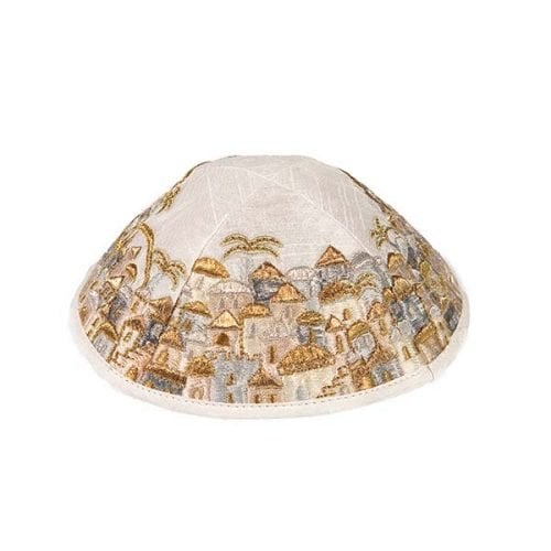 Yair Emanuel Kippah, Embroidered Jerusalem Vistas - Gold and Silver