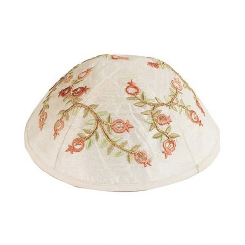 Yair Emanuel Kippah, Embroidered Red and Pink Pomegranates on White