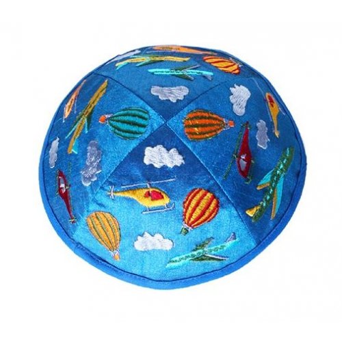 Yair Emanuel Kippah for Children  Embroidered Airplanes on Blue