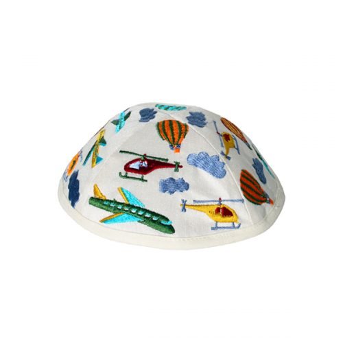 Yair Emanuel Kippah for Children  Embroidered Airplanes on White