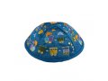 Yair Emanuel Kippah for Children  Embroidered Colorful Trains on Blue