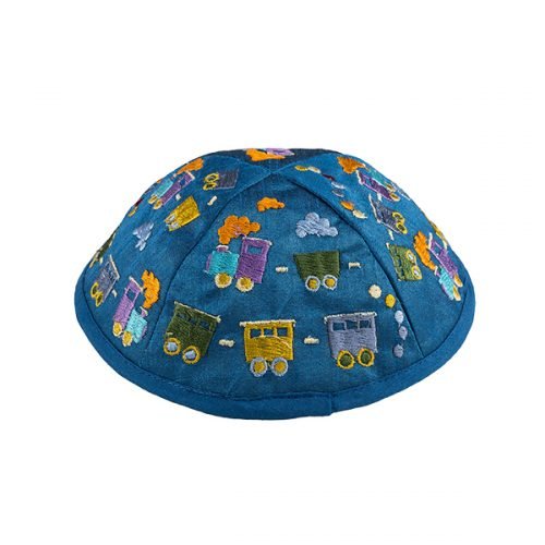 Yair Emanuel Kippah for Children  Embroidered Colorful Trains on Blue