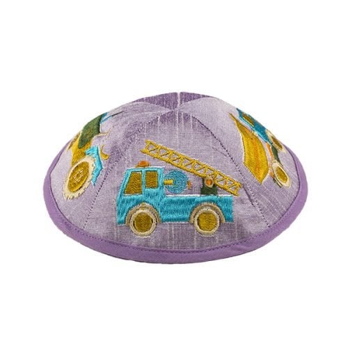 Yair Emanuel Kippah for Children  Embroidered Colorful Trucks on Lilac