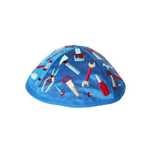 Yair Emanuel Kippah for Children  Embroidered Tools on Blue