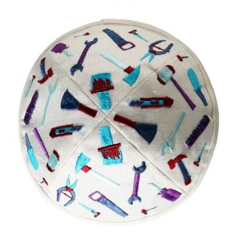 Yair Emanuel Kippah for Children  Embroidered Tools on White