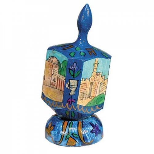 Yair Emanuel Large Hand Painted Wood Dreidel on Stand - Jerusalem Vistas