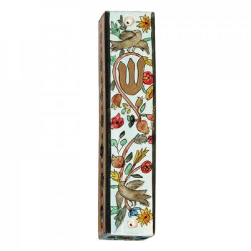 Yair Emanuel Large Hand Painted Wood Mezuzah Case - Birds on Blue