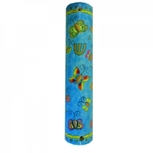 Yair Emanuel Large Hand Painted Wood Mezuzah Case - Colorful Butterflies