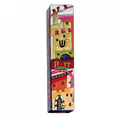 Yair Emanuel Large Hand Painted Wood Mezuzah Case - Jerusalem on Red