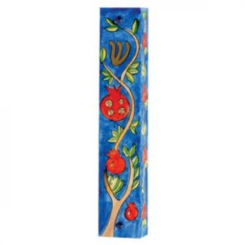 Yair Emanuel Large Hand Painted Wood Mezuzah Case - Pomegranate Branch