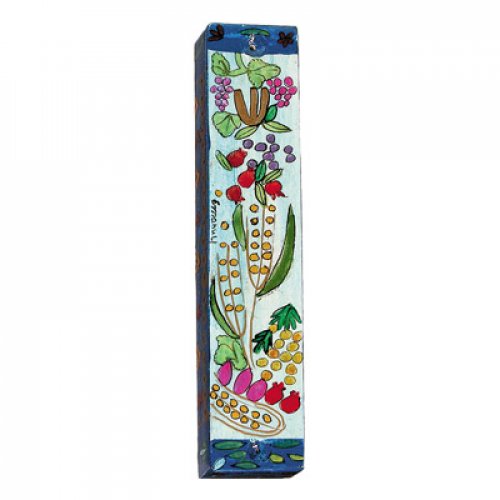 Yair Emanuel Large Hand Painted Wood Mezuzah Case - Seven Species on Blue