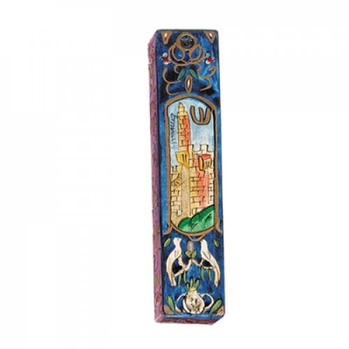 Yair Emanuel Large Hand Painted Wood Mezuzah Case - Tower of David on Blue