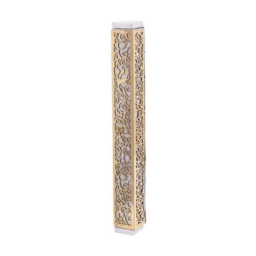 Yair Emanuel Mezuzah Case, Cutout Pomegranates and Flowers - Gold on Silver