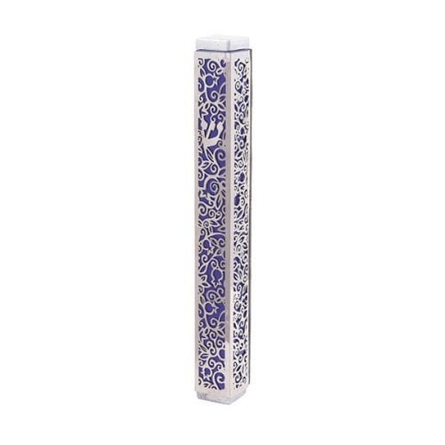 Yair Emanuel Mezuzah Case, Cutout Pomegranates and Flowers - Purple