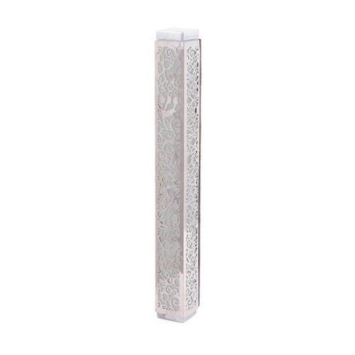 Yair Emanuel Mezuzah Case, Cutout Pomegranates and Flowers - Silver