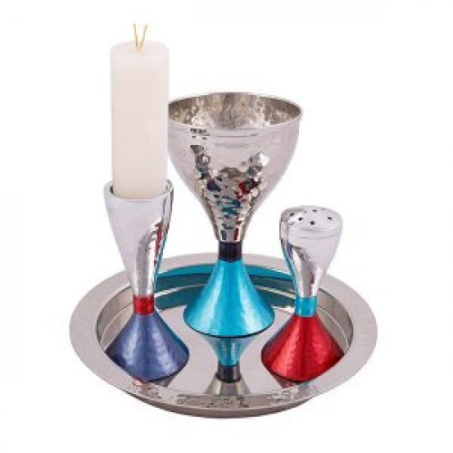 Yair Emanuel Modern Style 4-Piece Havdalah Set, Hammered Nickel - Two Tone