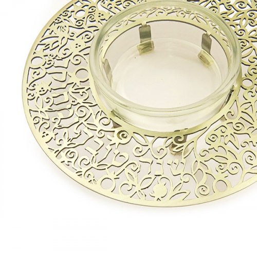 Yair Emanuel Raised Honey Dish with Cutout Pomegranates and Shanah Tovah - Brass