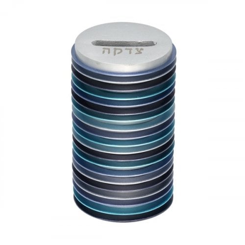 Yair Emanuel Round Charity Tzedakah Box, Stacked Discs - Shades of Blue