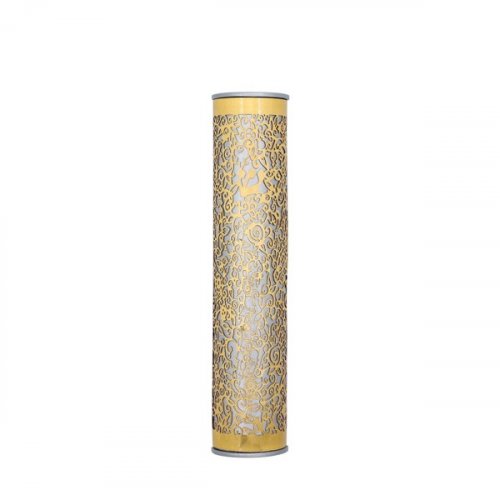 Yair Emanuel Rounded Mezuzah Case, Cutout Pomegranates  Gold on Silver