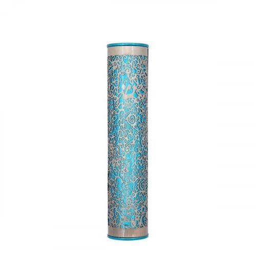 Yair Emanuel Rounded Mezuzah Case, Cutout Pomegranates - Silver on Turquoise