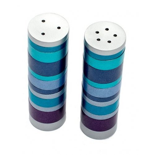 Yair Emanuel Salt and Pepper Shakers, Anodized Aluminum  Blue Rings