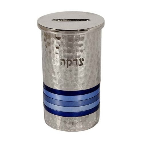 Yair Emanuel Silver Hammered Nickel Round Charity Box - Blue Rings