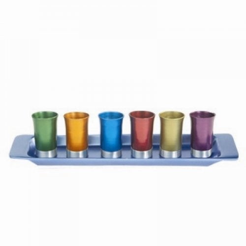 Yair Emanuel Six Anodized Aluminum Kiddush Cups and Tray  Metallic Colors