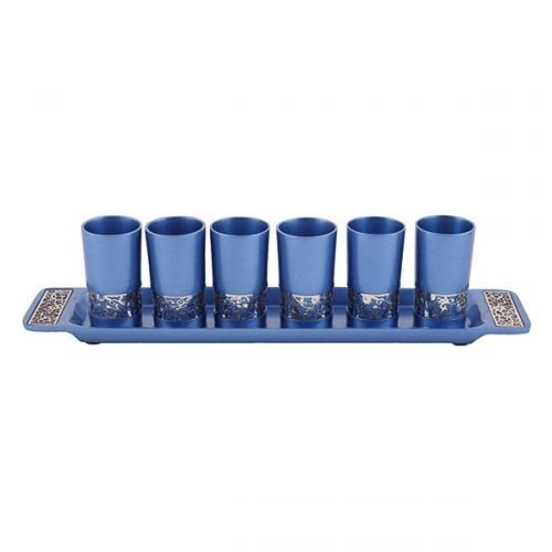 Yair Emanuel Six Small Kiddush Cups with Tray, Pomegranate Cutout - Blue