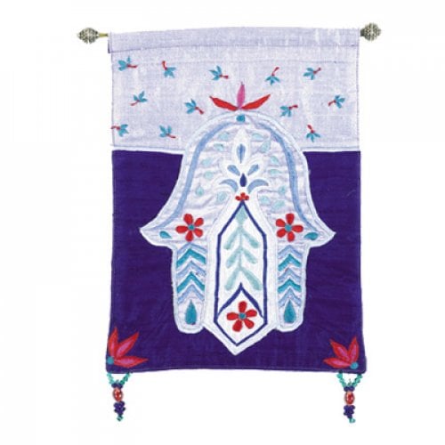 Yair Emanuel Small Hamsa, Appliqued Silk Wall Hanging  Purple and Blue Flowers